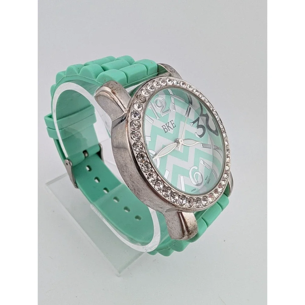 BKE Watch Women‎ 42mm Silver Case Crystal Bezel Silicone Band- New Battery